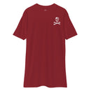red t-shirt with skull and crossbones design on the left chest