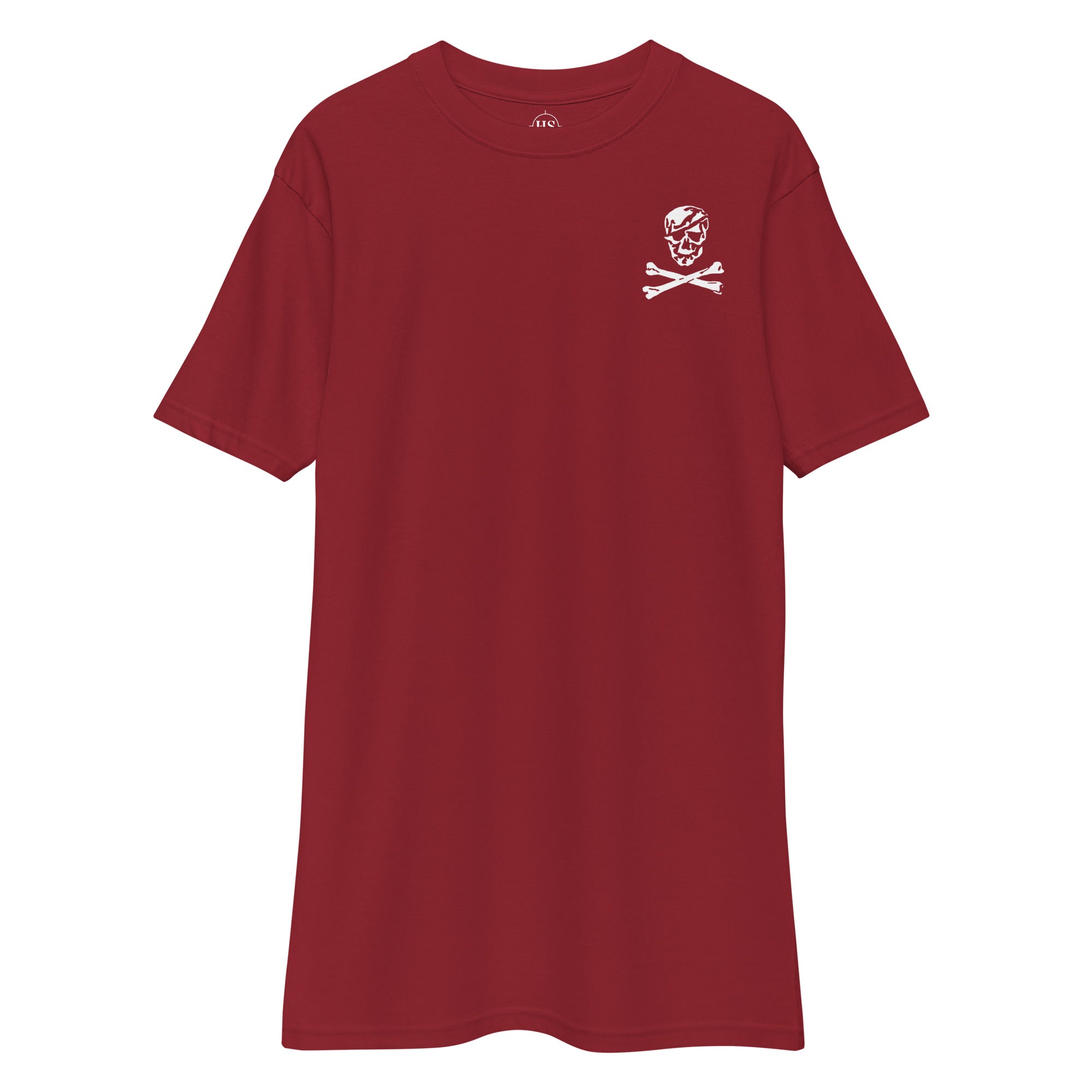 red t-shirt with skull and crossbones design on the left chest