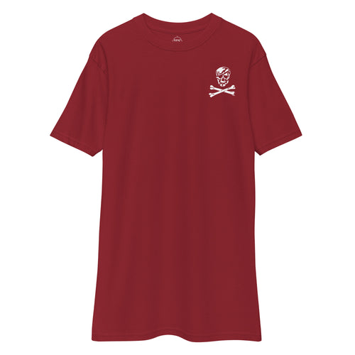 red t-shirt with skull and crossbones design on the left chest