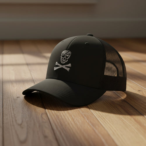 black trucker hat with skull and crossbones