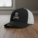 black trucker hat with skull and crossbones