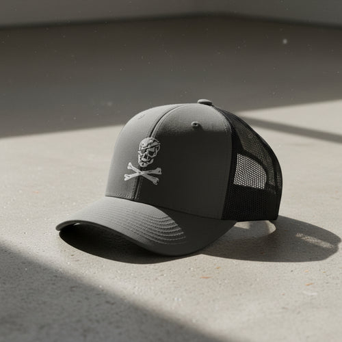 charcoal trucker hat with skull and crossbones