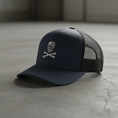 navy trucker hat with skull and crossbones