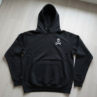 black hoodie with skull and crossbones design on the left chest