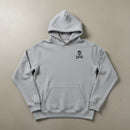 grey hoodie with skull and crossbones design on the left chest