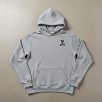 grey hoodie with skull and crossbones design on the left chest