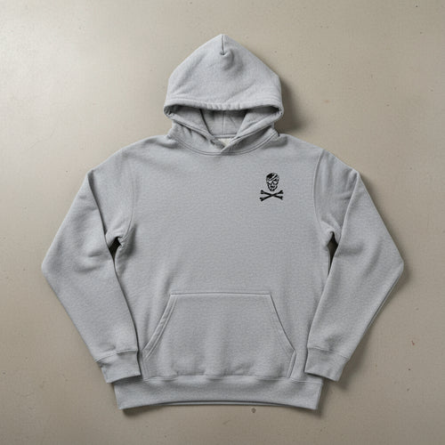 grey hoodie with skull and crossbones design on the left chest