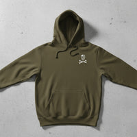 military green hoodie with skull and crossbones design on the left chest