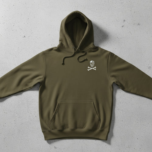military green hoodie with skull and crossbones design on the left chest