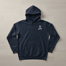 navy hoodie with skull and crossbones design on the left chest