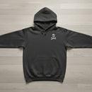 vintage black hoodie with skull and crossbones design on the left chest