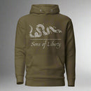 pullover hoodie with don't tread on me design.