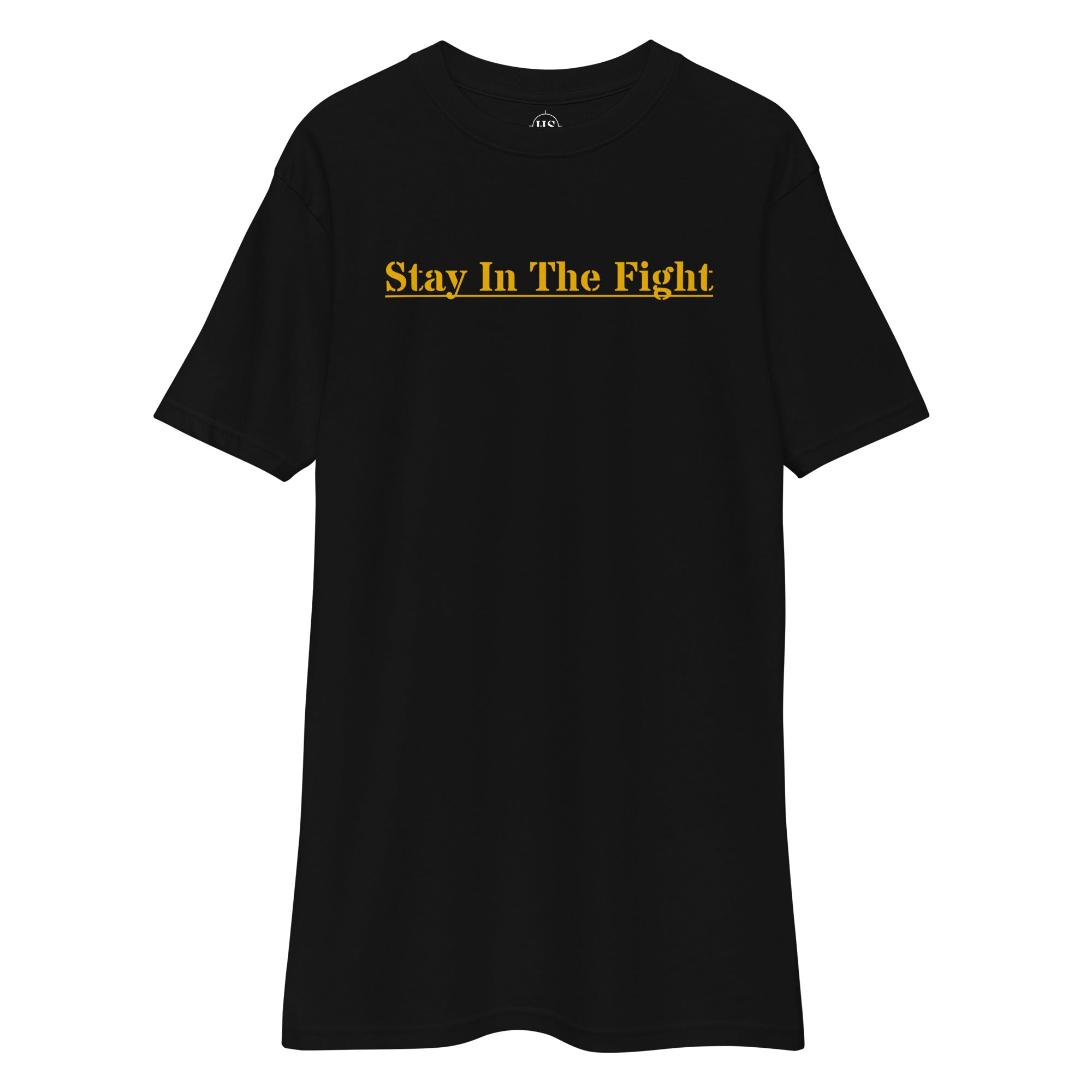 black t-shirt with the text "stay in the fight" across the chest