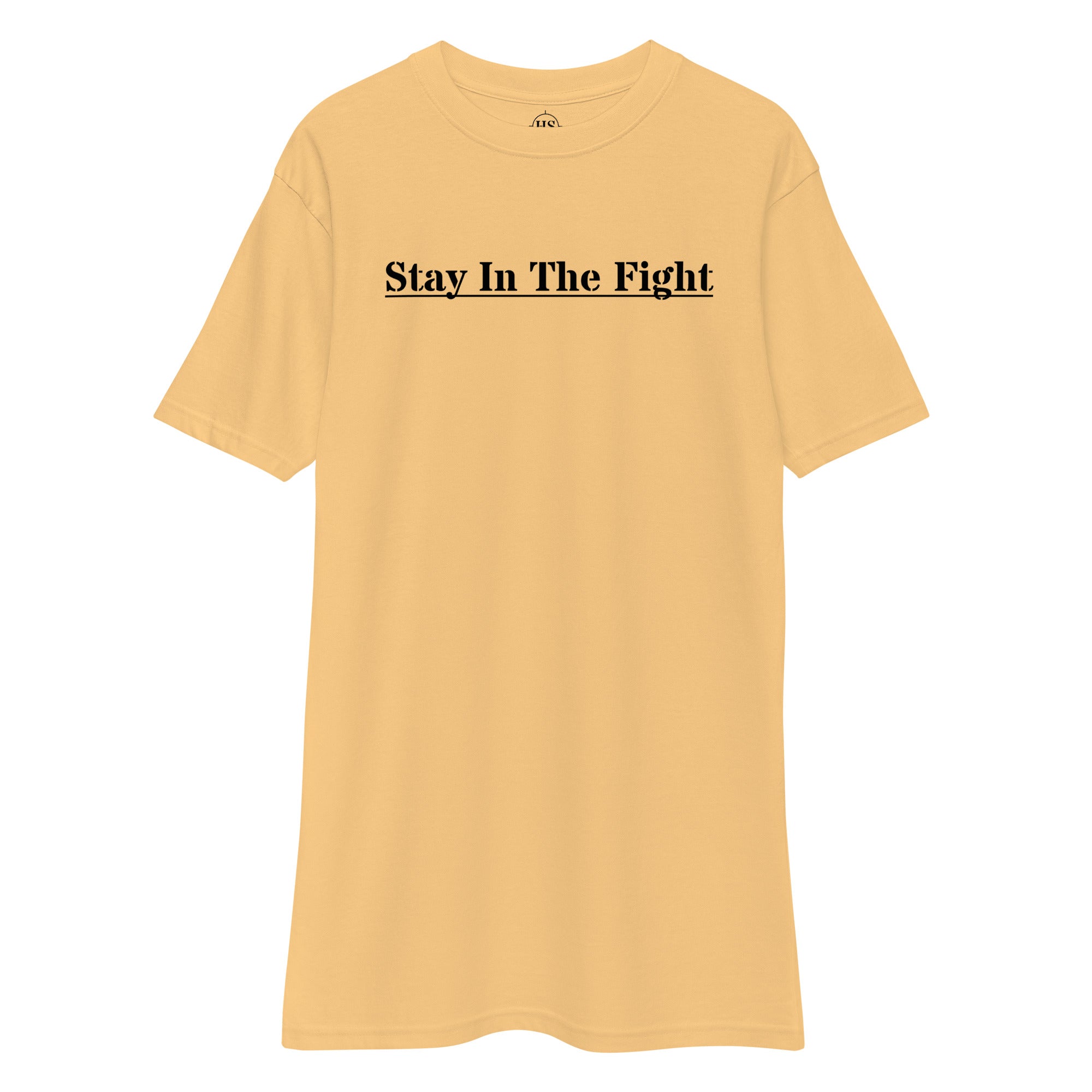 gold t-shirt with the text "stay in the fight" across the chest