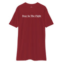red t-shirt with the text "stay in the fight" across the chest