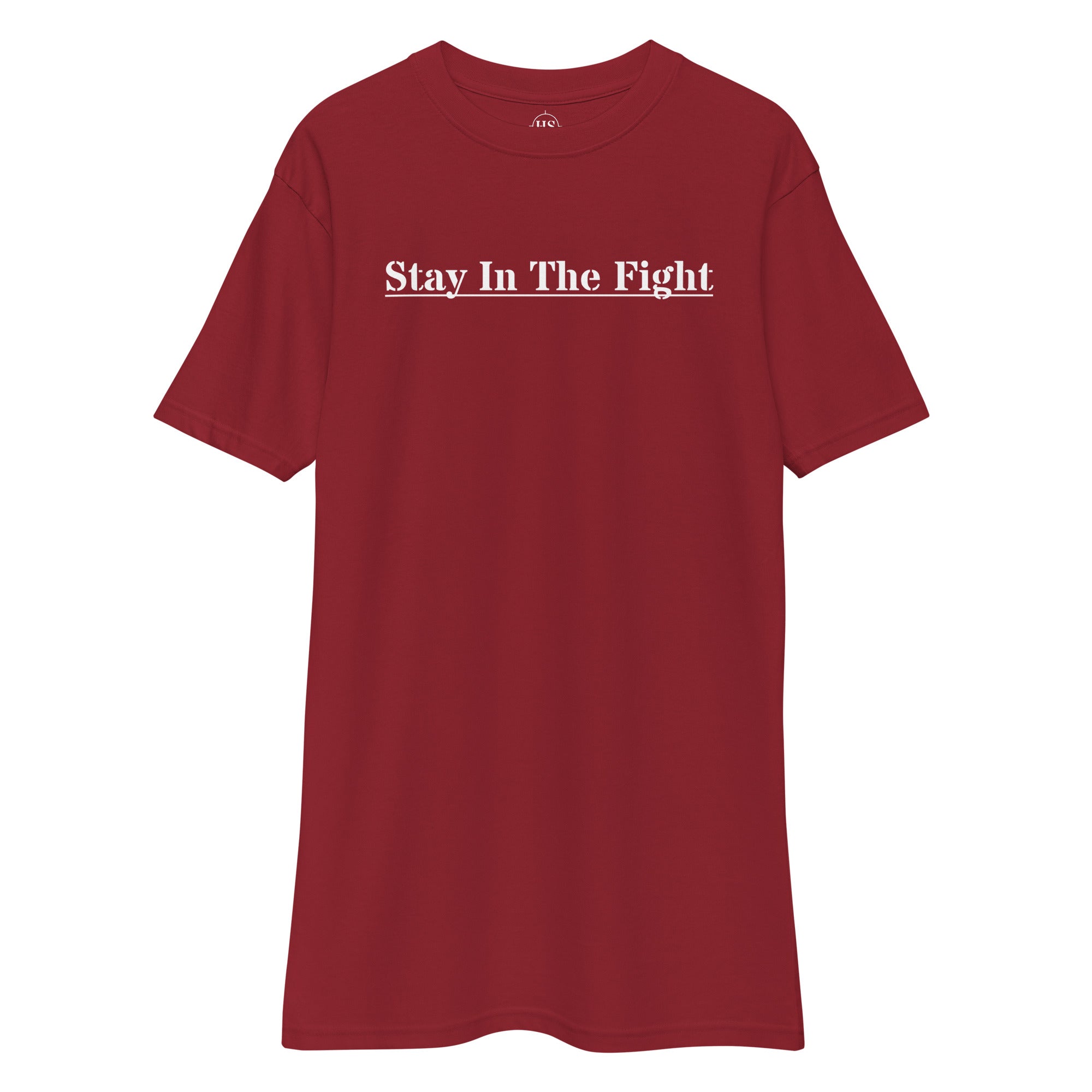 red t-shirt with the text "stay in the fight" across the chest