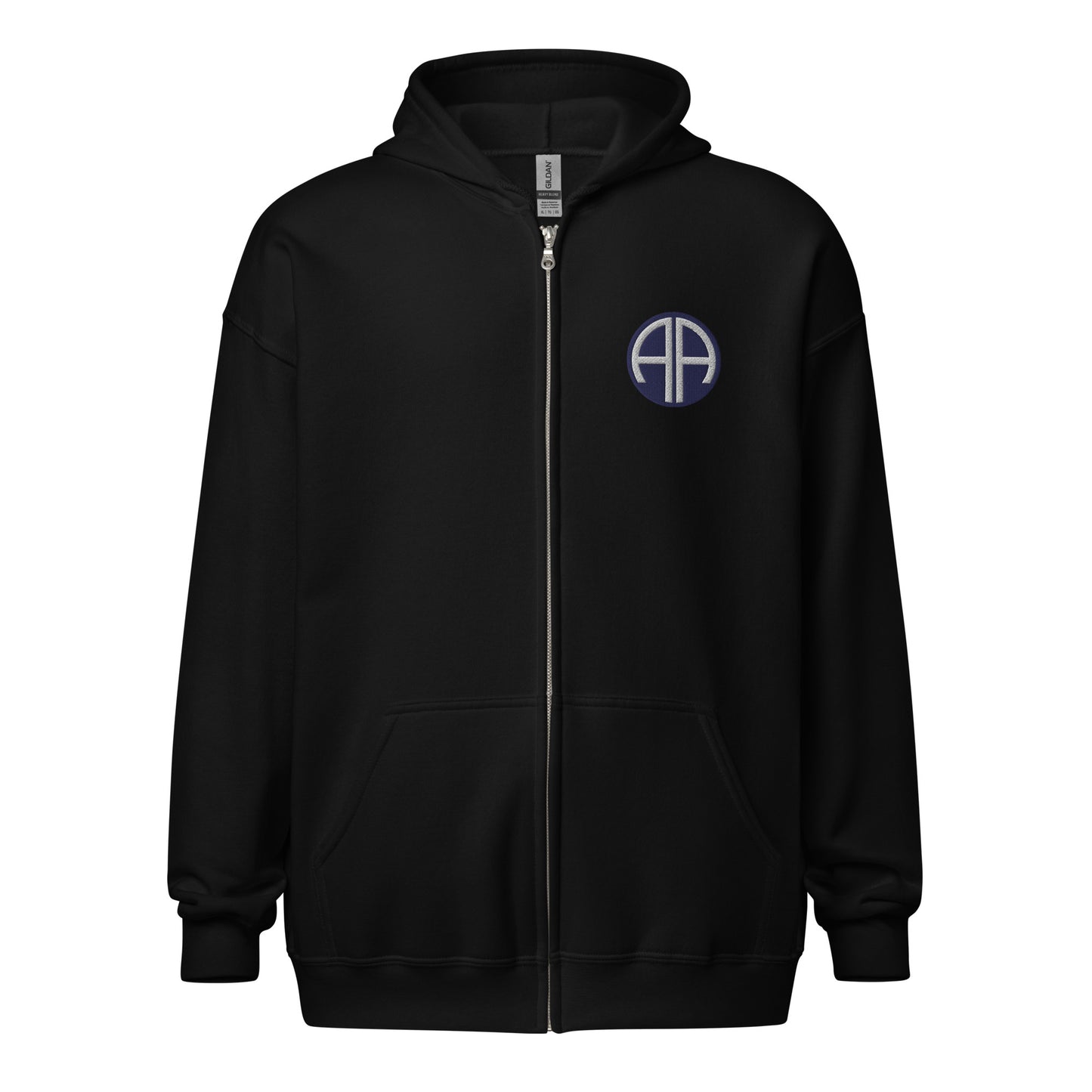 82nd airborne insignia embroidered on the left chest of a full zip hoodie.