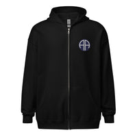 82nd airborne insignia embroidered on the left chest of a full zip hoodie.
