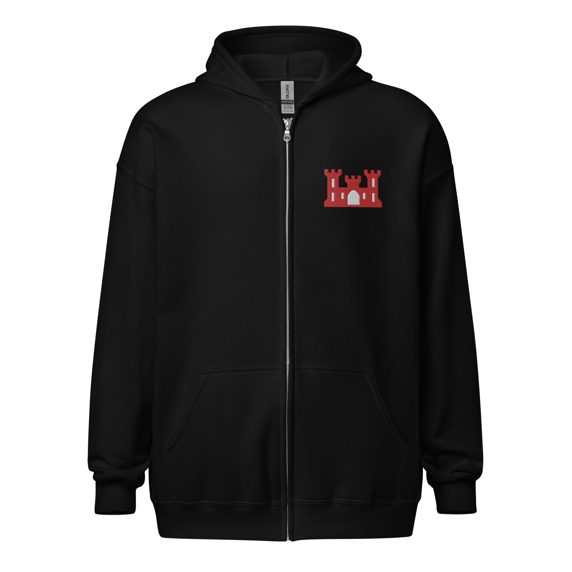 Army corps of engineers insignia embroidered design on the left chest of a full zip hoodie.