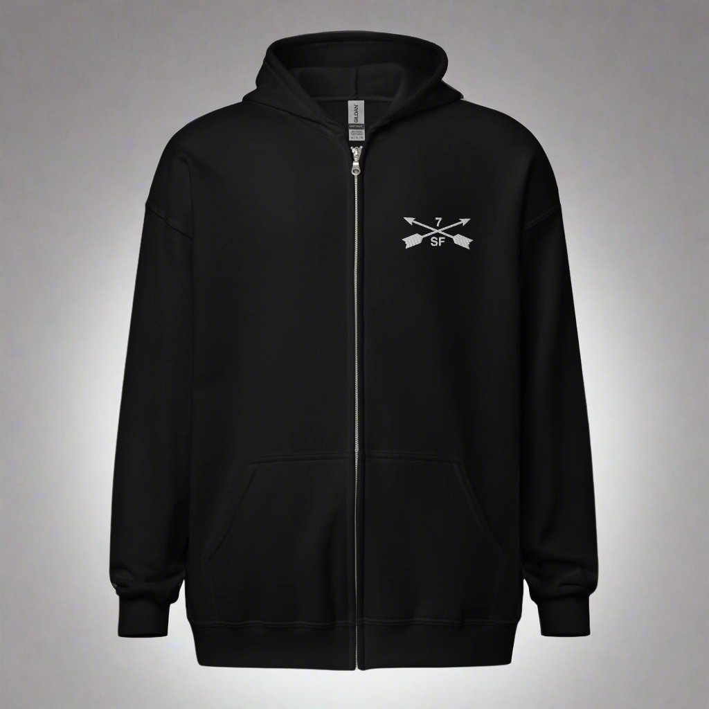 Hoodie with embroidered design of 7th special forces group insignia. 