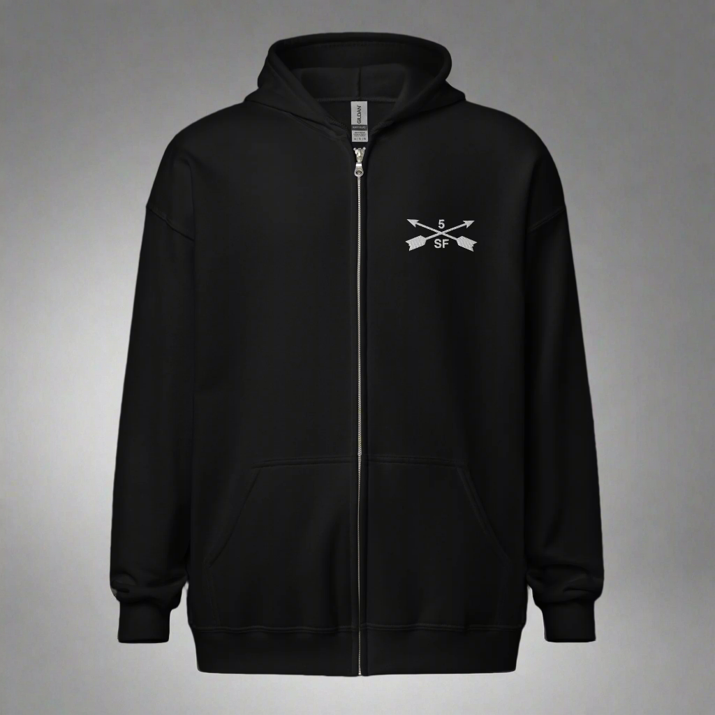 Hoodie with embroidered design of 5th special forces group insignia. 