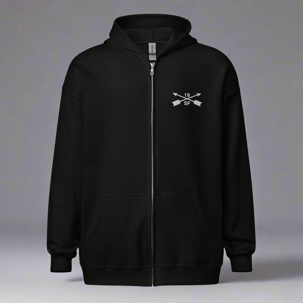 Hoodie with embroidered design of 19th special forces group insignia. 