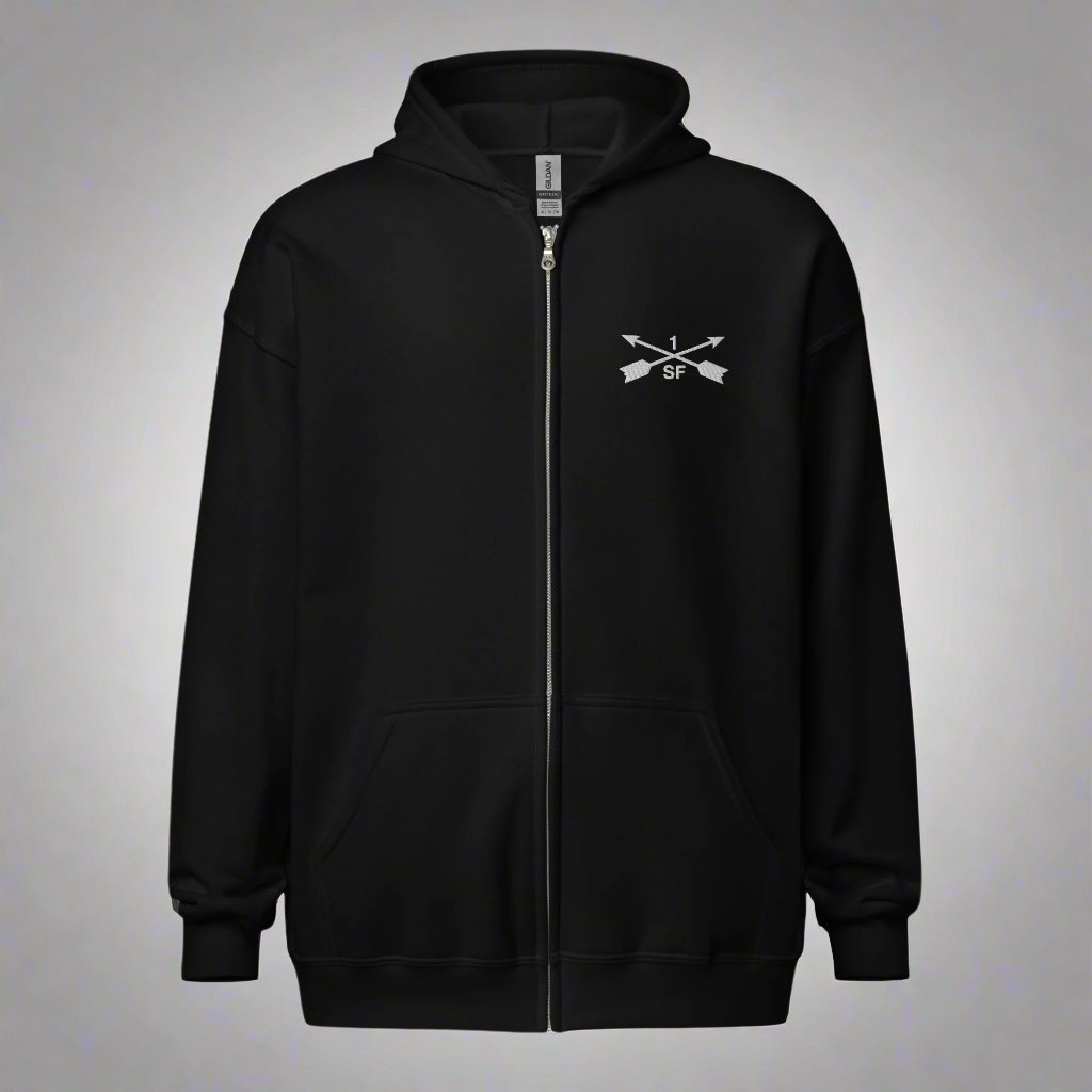 Hoodie with embroidered design of 1st special forces group insignia. 