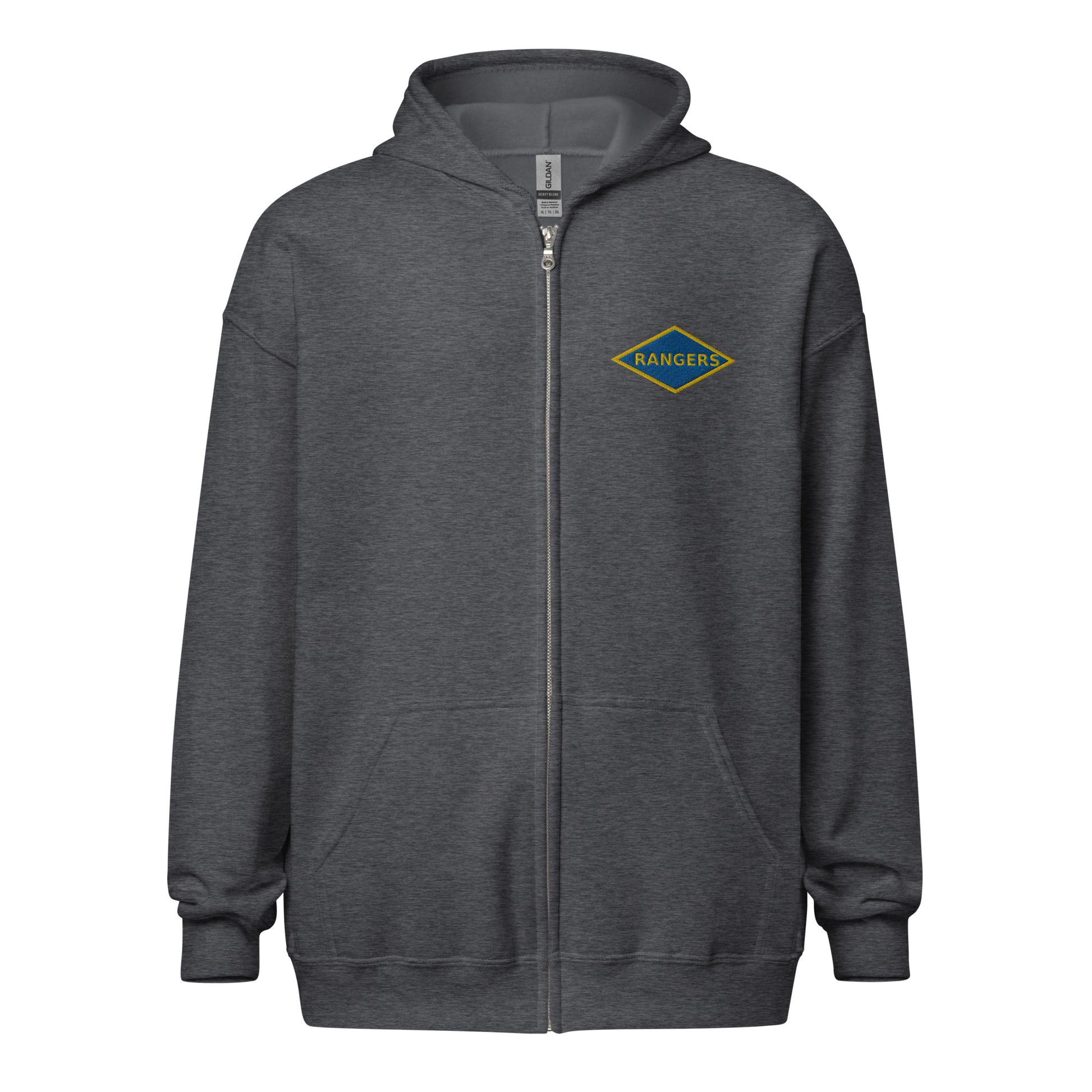 embroidered world war 2 blue ranger diamond on the left chest of a full zip hoodie.