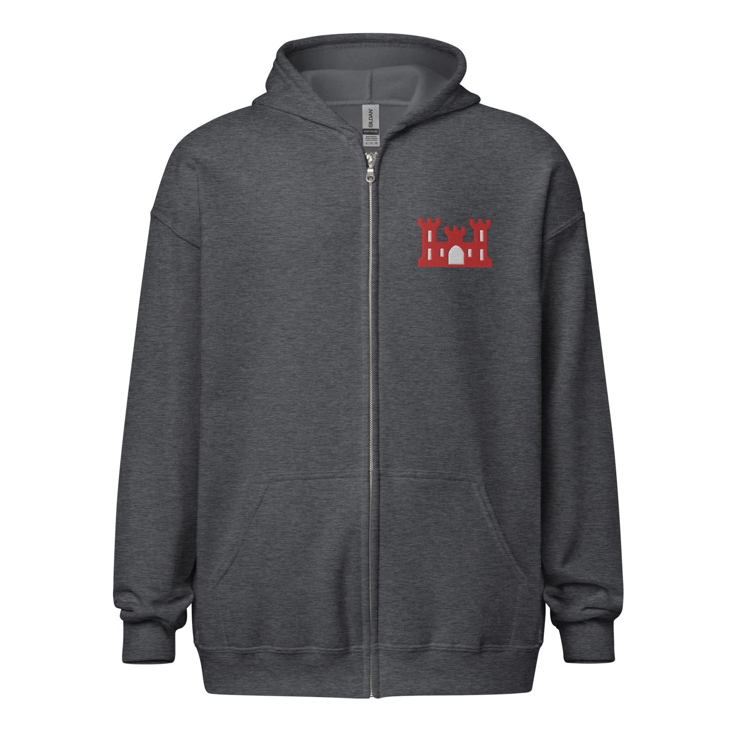 Army corps of engineers insignia embroidered design on the left chest of a full zip hoodie.