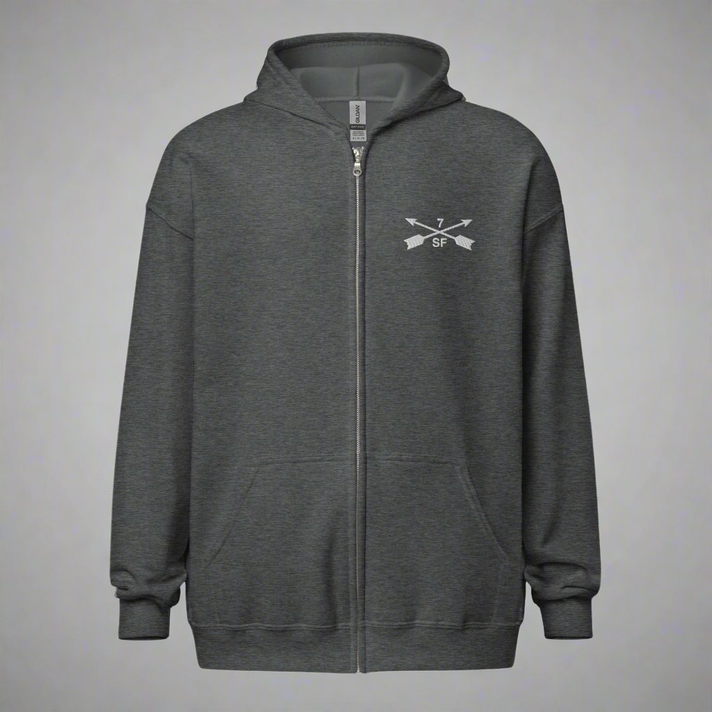 Hoodie with embroidered design of 7th special forces group insignia. 