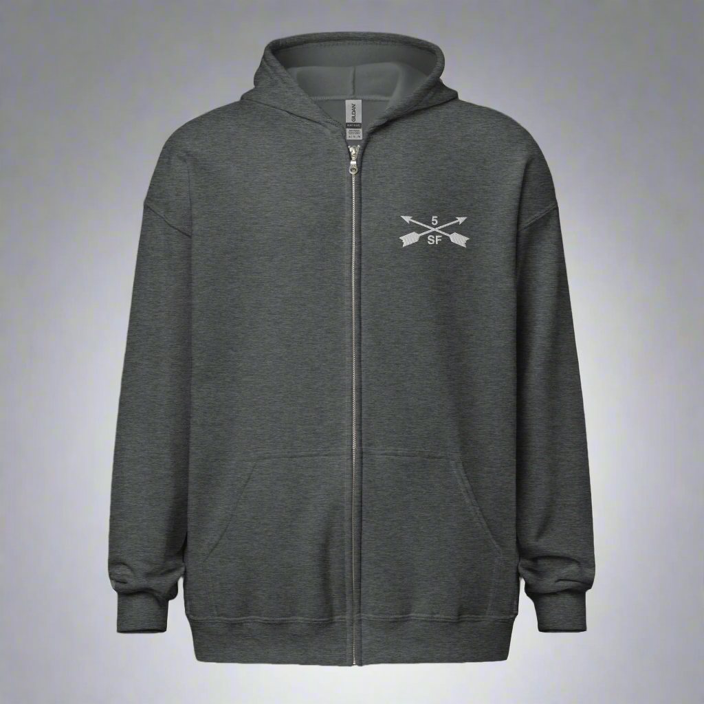 Hoodie with embroidered design of 5th special forces group insignia. 