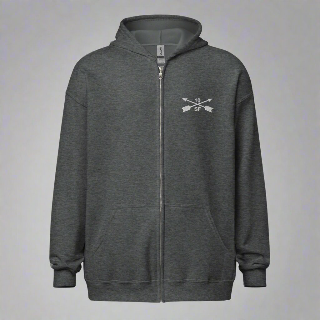 Hoodie with embroidered design of 10th special forces group insignia. 