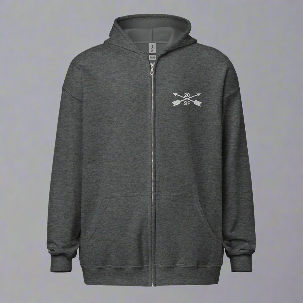 Hoodie with embroidered design of 20th special forces group insignia. 