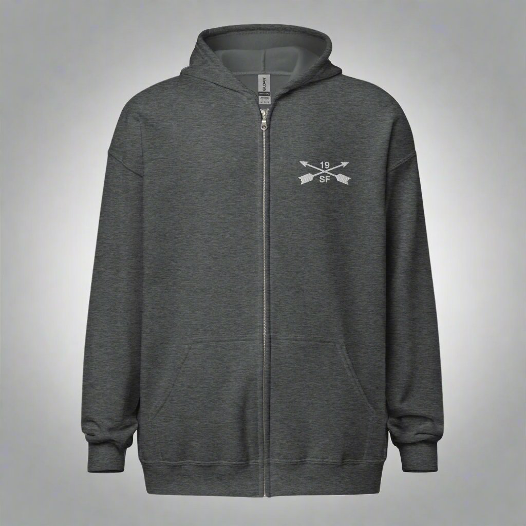 Hoodie with embroidered design of 19th special forces group insignia. 