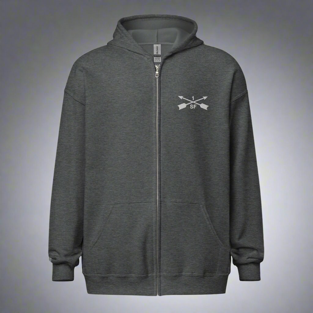 Hoodie with embroidered design of 1st special forces group insignia. 