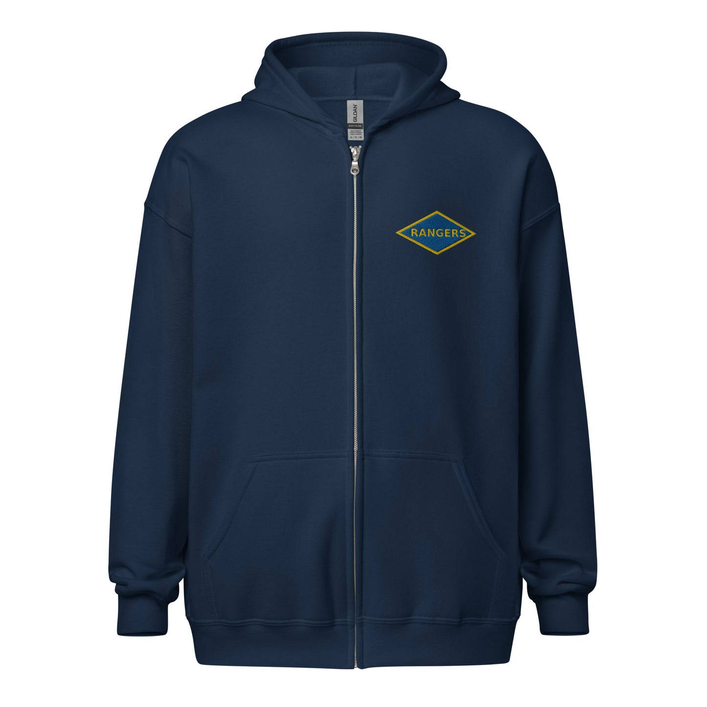 embroidered world war 2 blue ranger diamond on the left chest of a full zip hoodie.