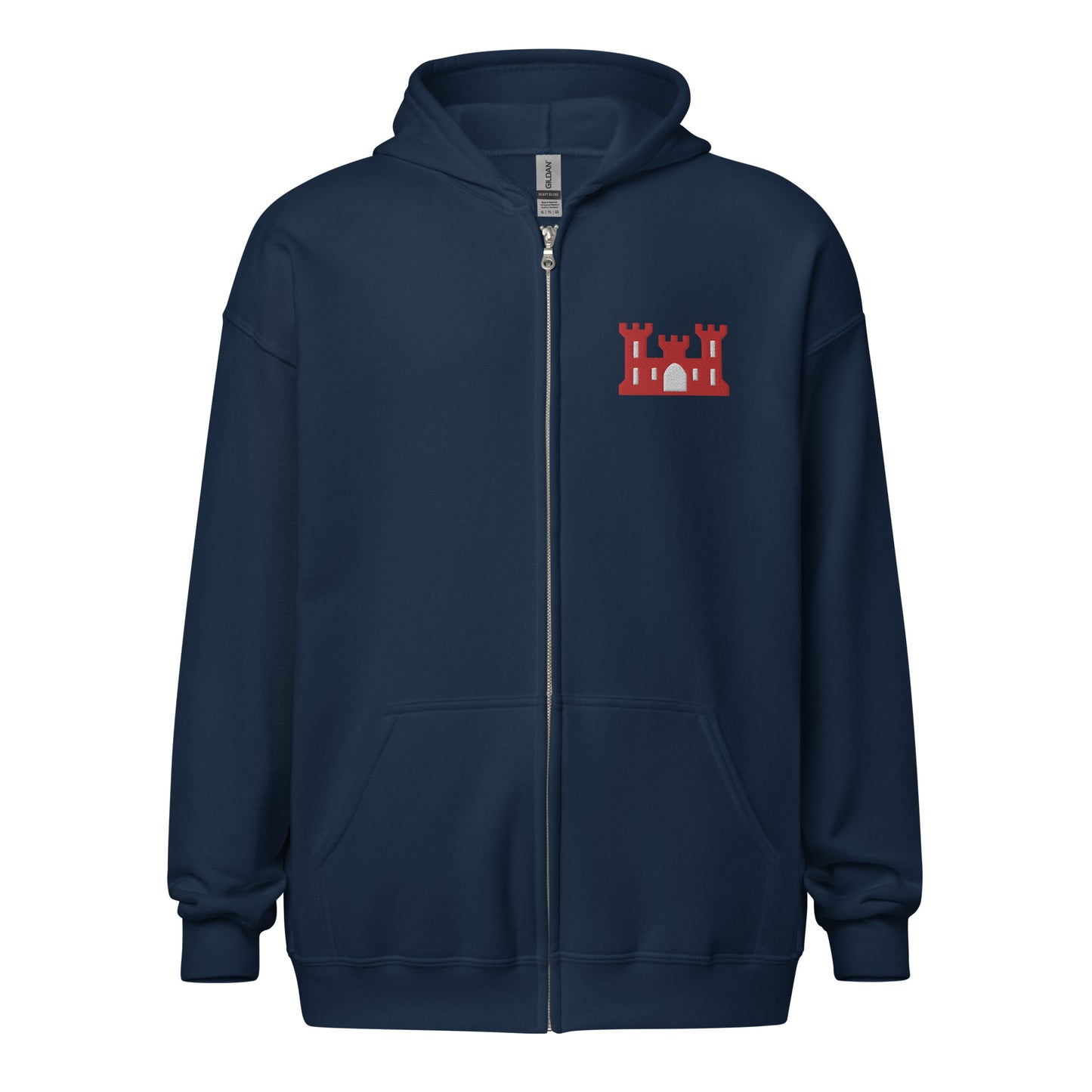 Army corps of engineers insignia embroidered design on the left chest of a full zip hoodie.