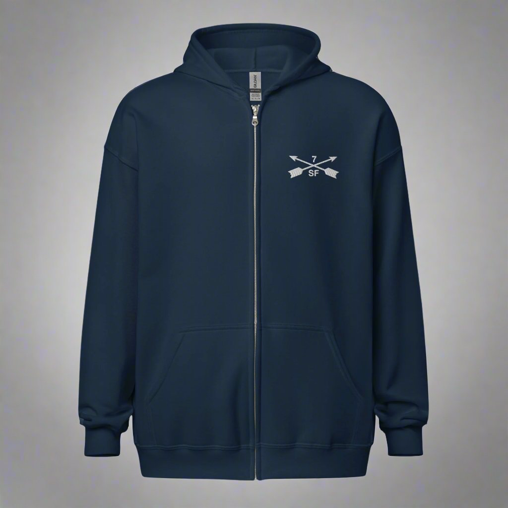 Hoodie with embroidered design of 7th special forces group insignia. 