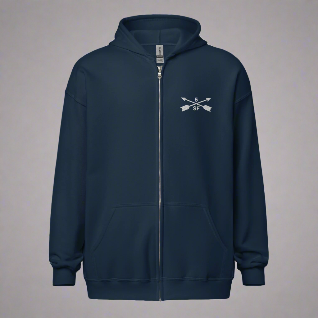 Hoodie with embroidered design of 5th special forces group insignia. 