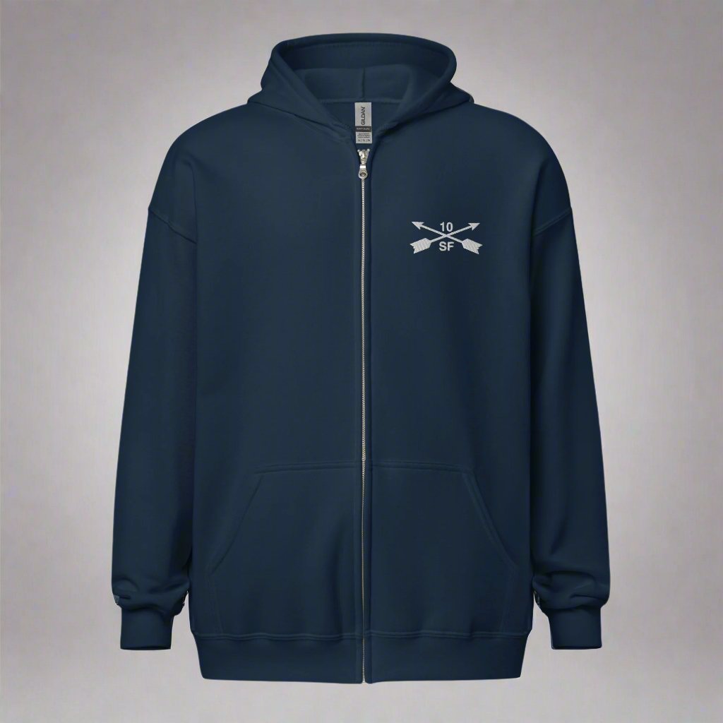 Hoodie with embroidered design of 10th special forces group insignia. 