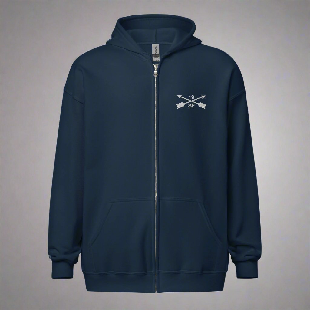 Hoodie with embroidered design of 19th special forces group insignia. 