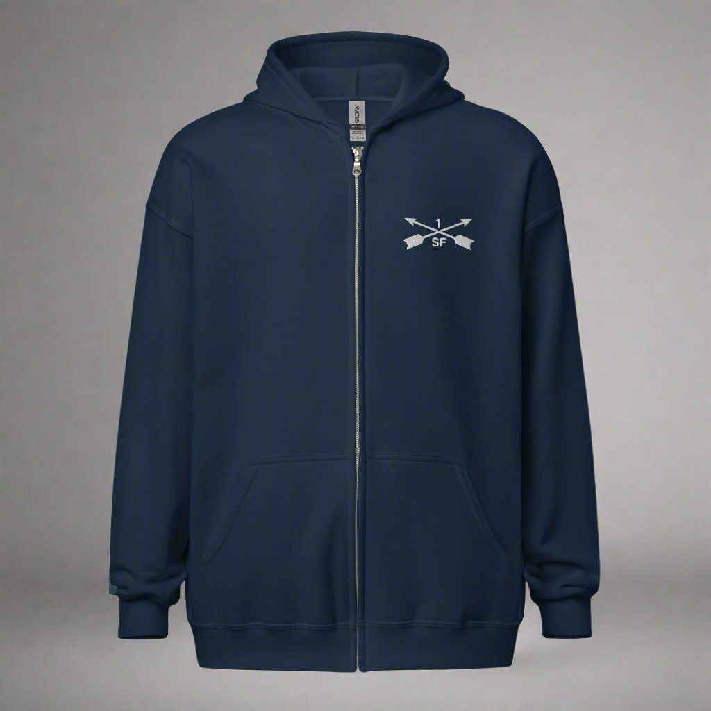 Hoodie with embroidered design of 1st special forces group insignia. 