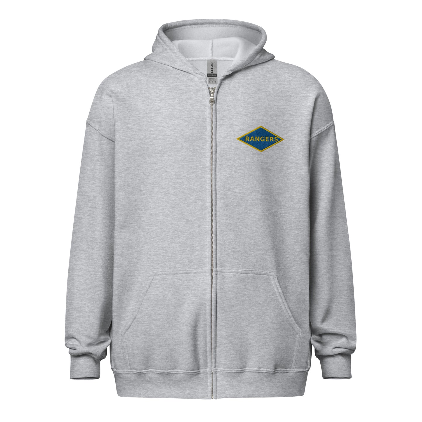 embroidered world war 2 blue ranger diamond on the left chest of a full zip hoodie.