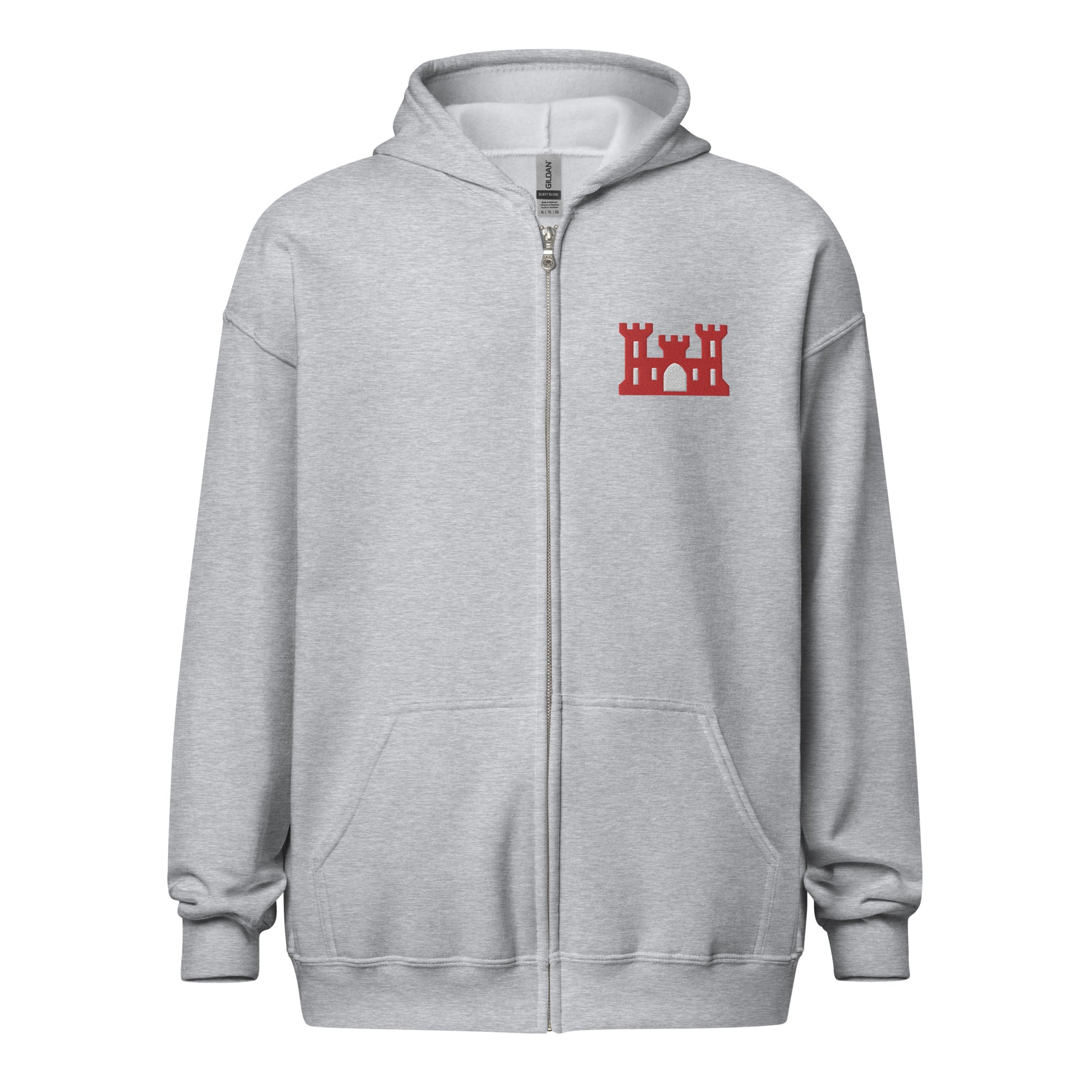 Army corps of engineers insignia embroidered design on the left chest of a full zip hoodie.