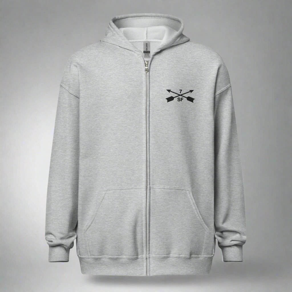 Hoodie with embroidered design of 7th special forces group insignia. 