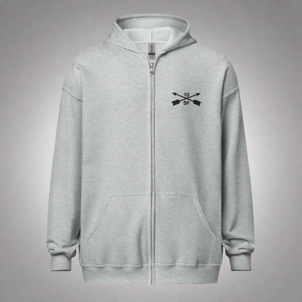 Hoodie with embroidered design of 10th special forces group insignia. 