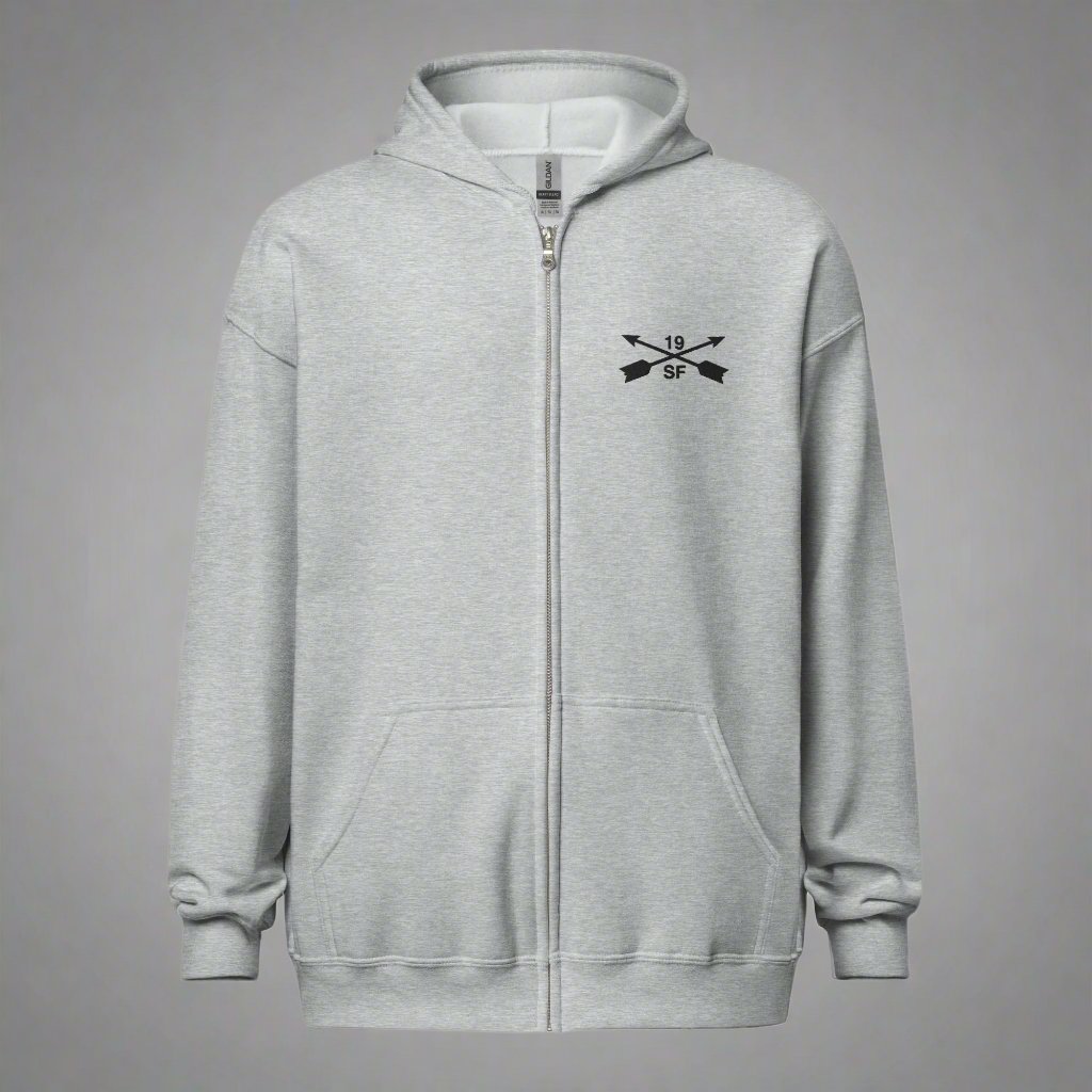 Hoodie with embroidered design of 19th special forces group insignia. 