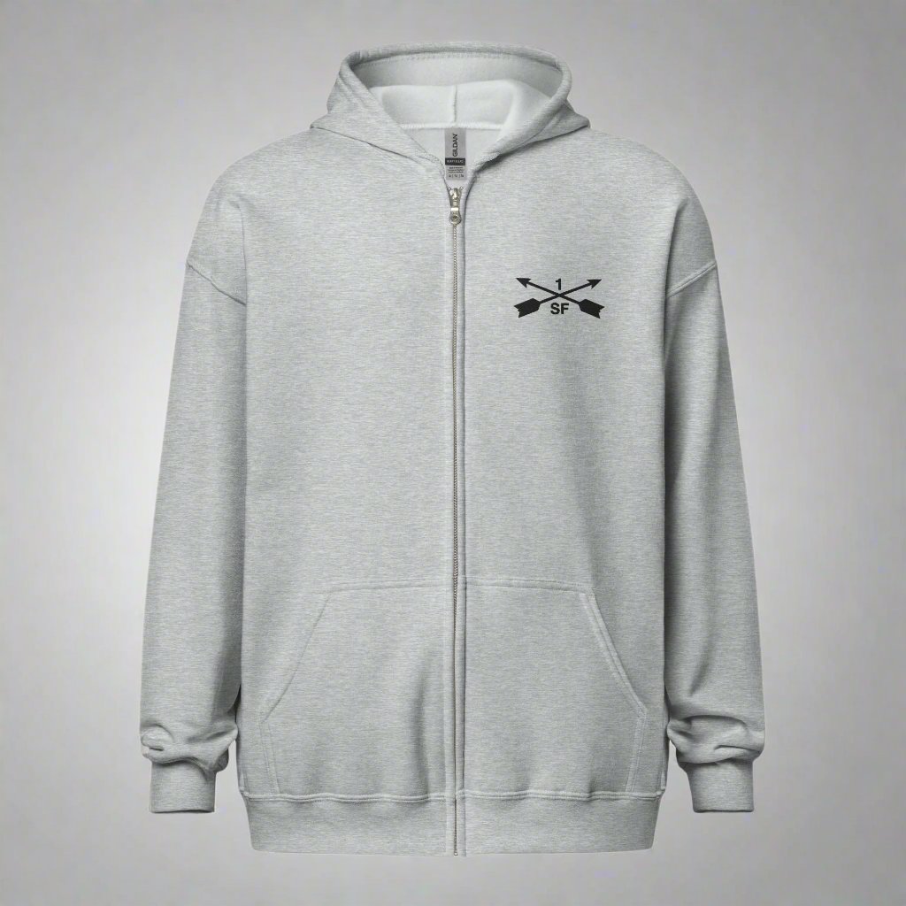 Hoodie with embroidered design of 1st special forces group insignia. 