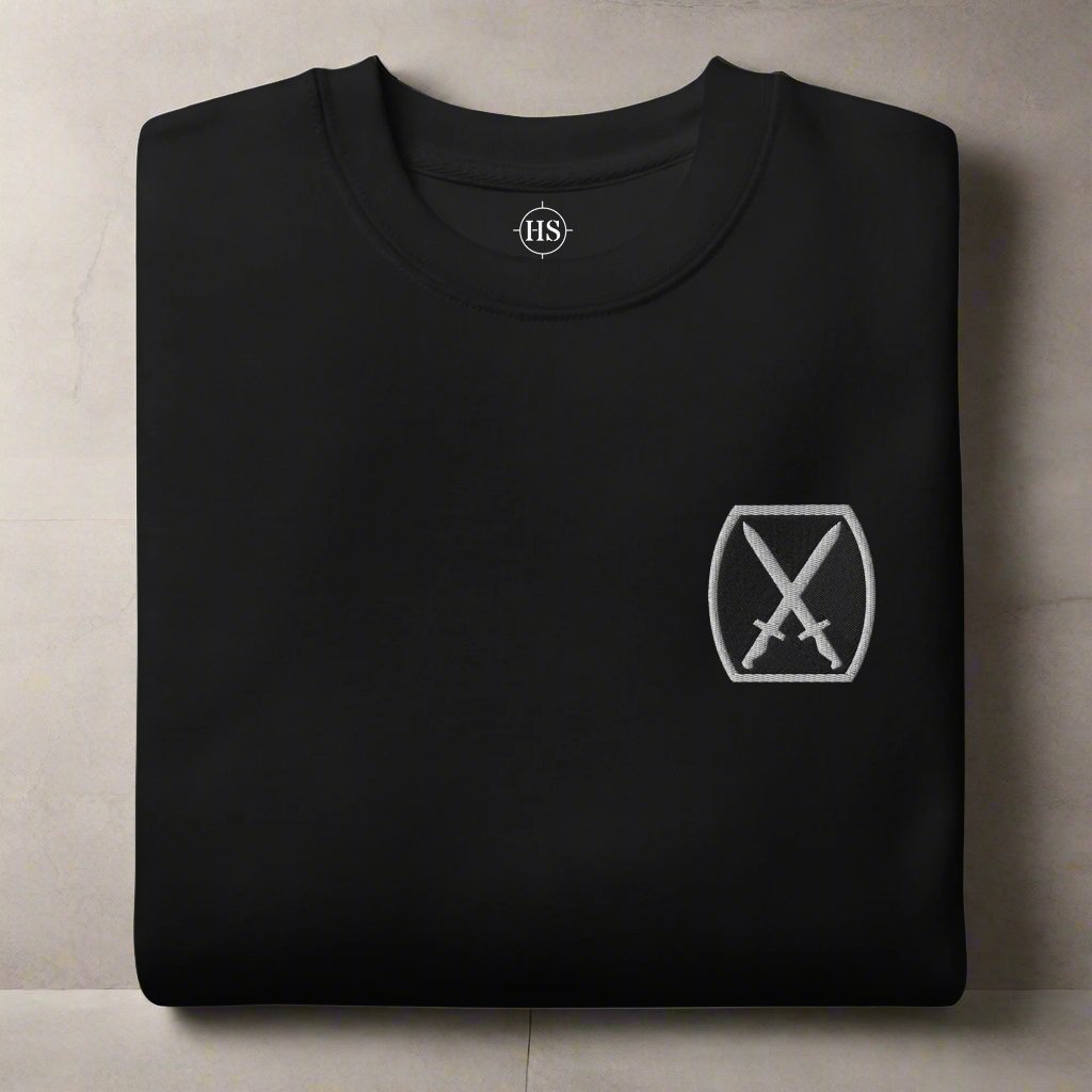 sweatshirt embroidered with 10th mountain black and white insignia. 