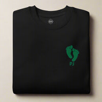 sweatshirt embroidered with pj green feet and the word PJ on the left chest